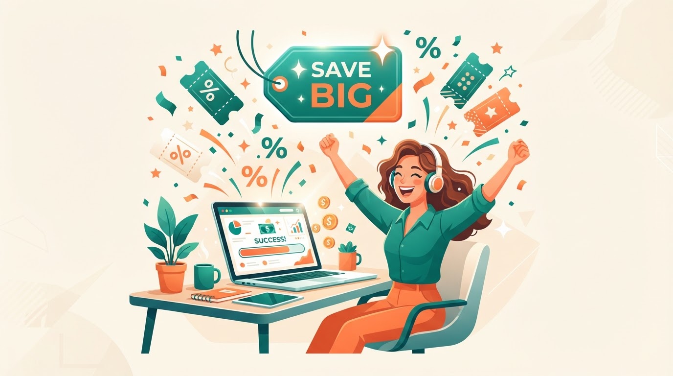 Illustration of a course creator celebrating Teachable savings with discount tags and coupons